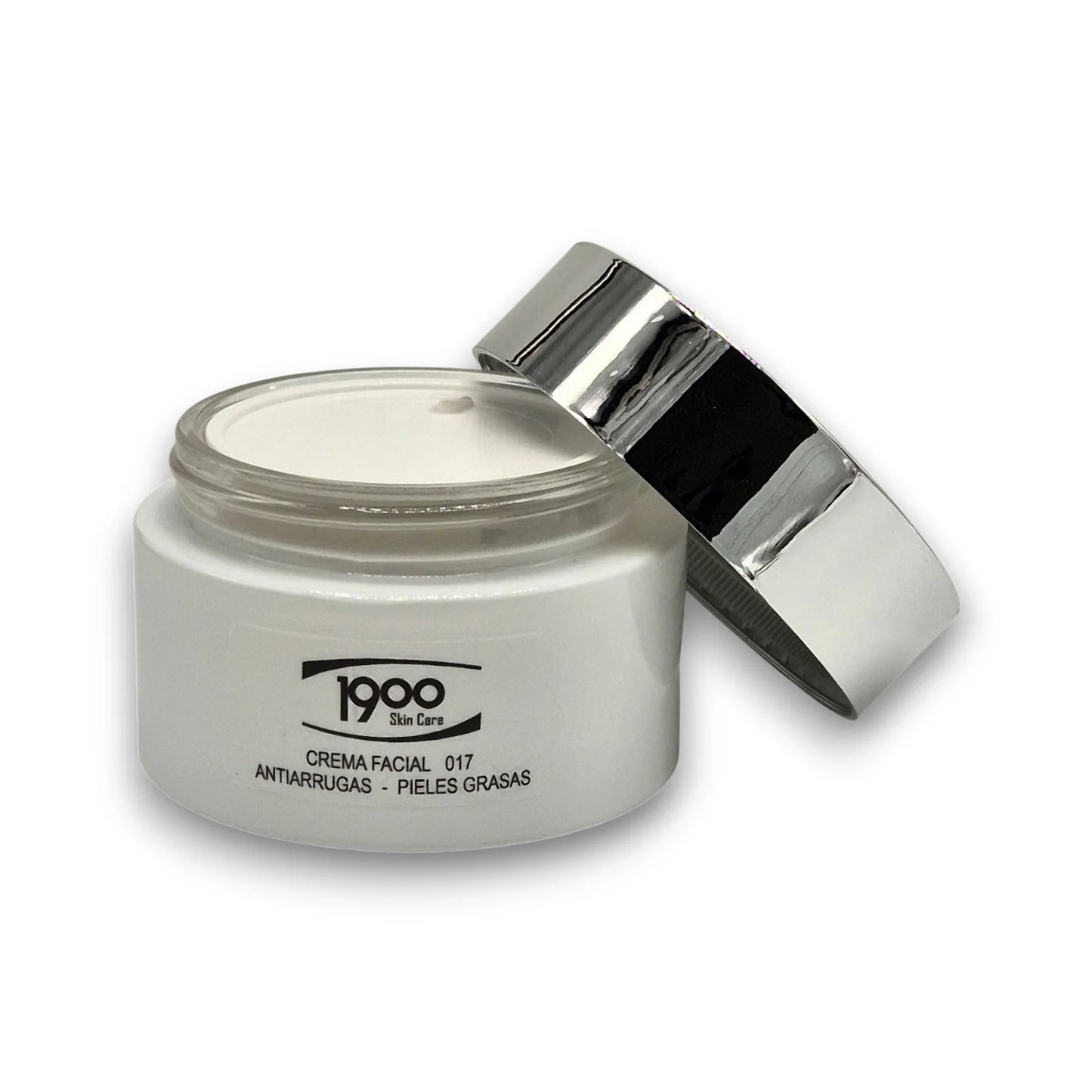Crema facial antiarrugas para piel grasa Cosméticos 1900 con tarro destapado