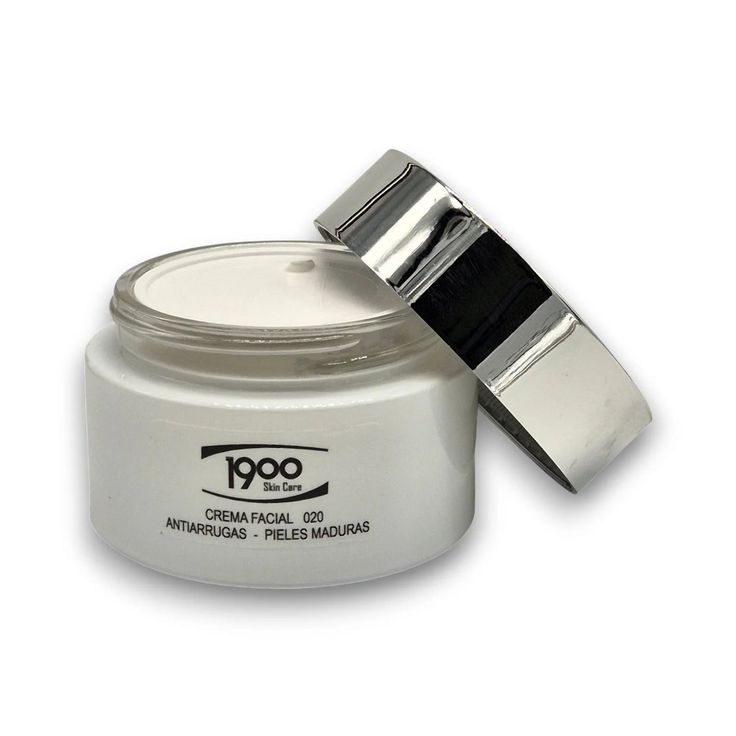 Crema facial antiarrugas para piel madura Cosméticos 1900 con tarro destapado