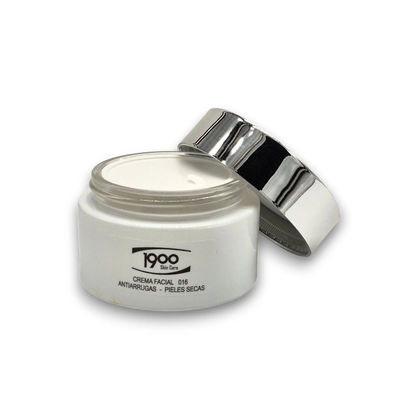 Crema facial antiarrugas para piel seca Cosméticos 1900 con tarro destapado