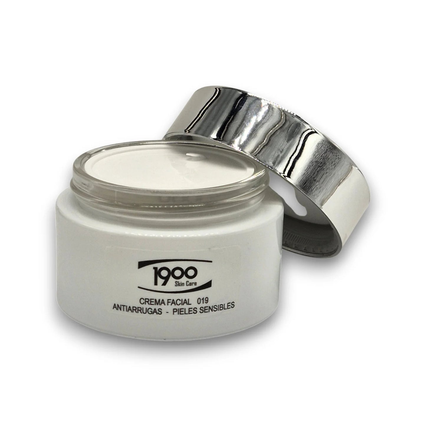 Crema facial antiarrugas para piel sensible Cosméticos 1900 con tarro destapado