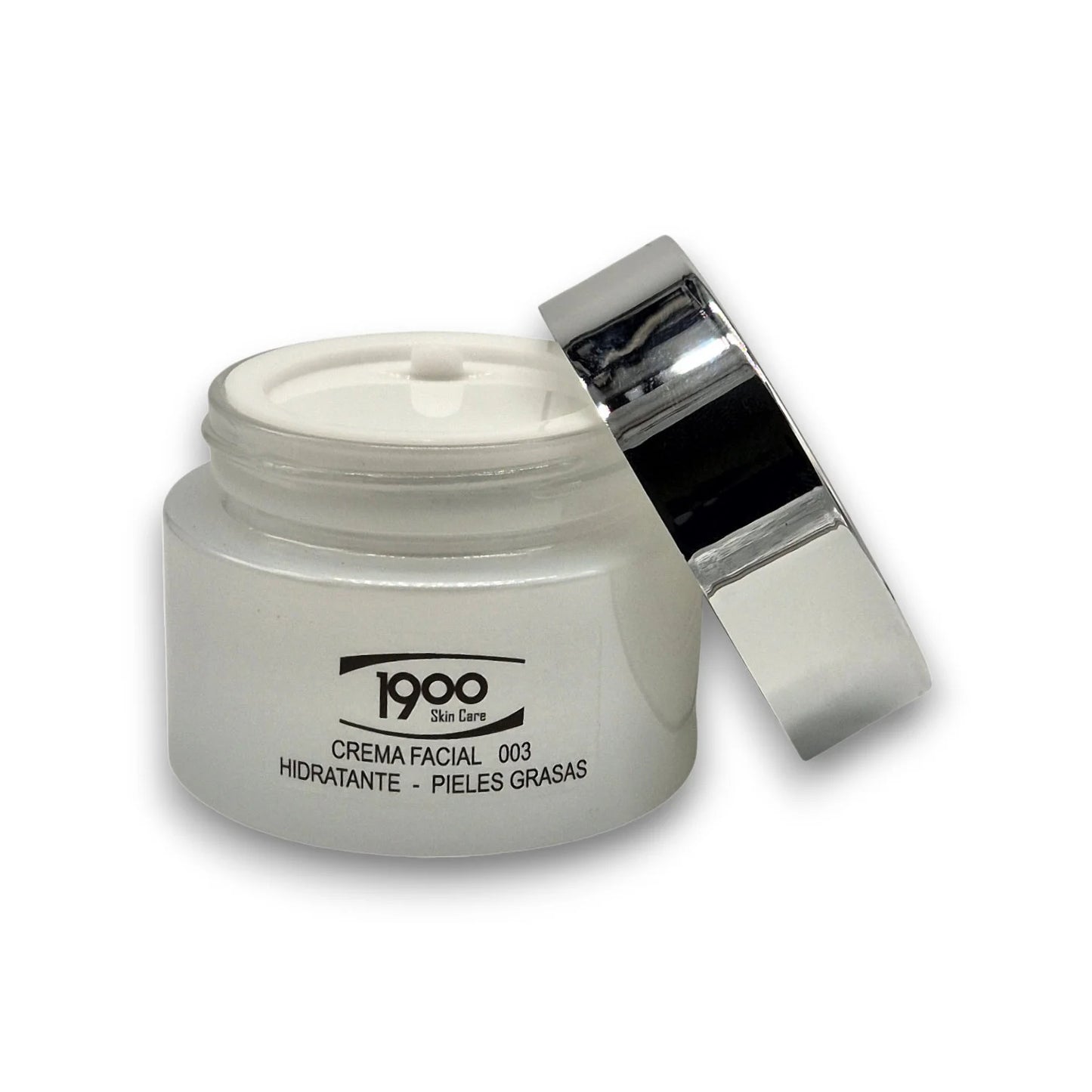 Crema facial hidratante para piel grasa Cosméticos 1900 con tarro destapado