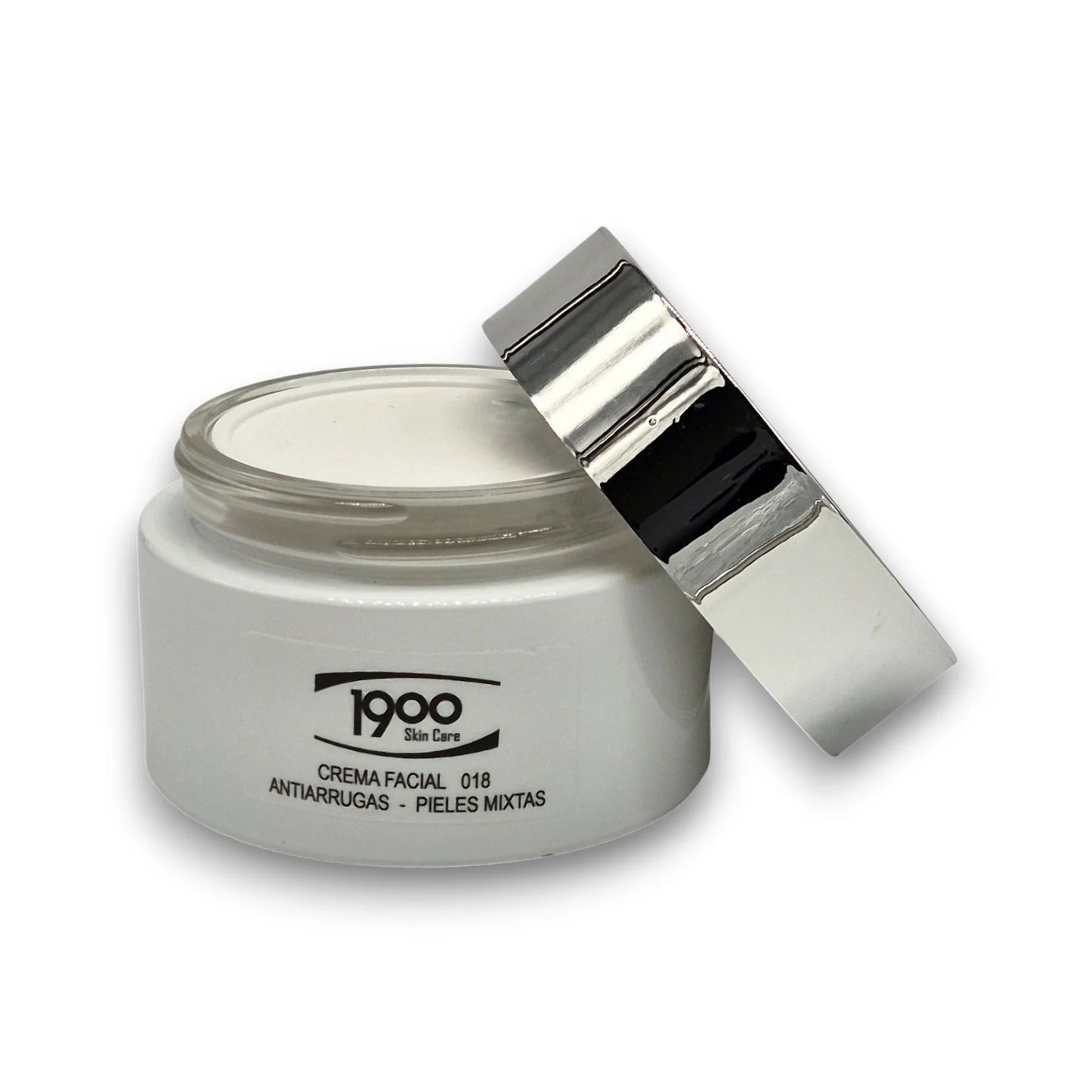 Crema facial antiarrugas para piel mixta Cosméticos 1900 con tarro destapado