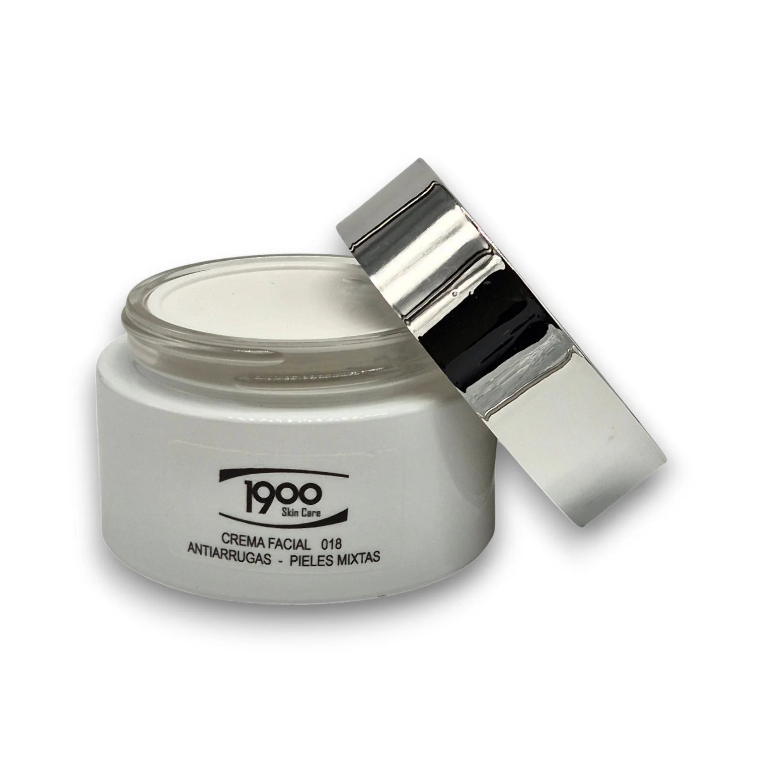 Crema facial antiarrugas para piel mixta Cosméticos 1900 con tarro destapado